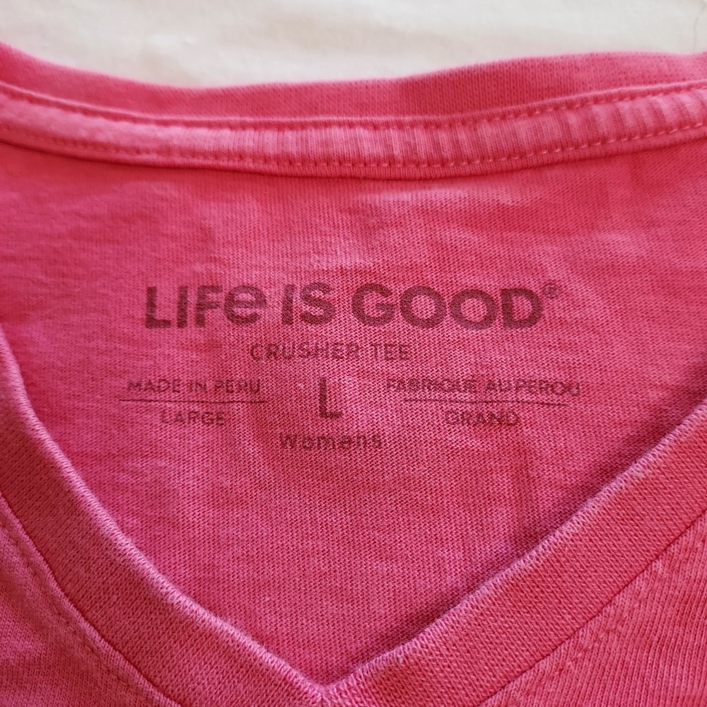 Life is Good Pink Knitten Cat Lady Knitter Yarn Crusher Tee V-Neck T-Shirt L - Picture 3 of 7